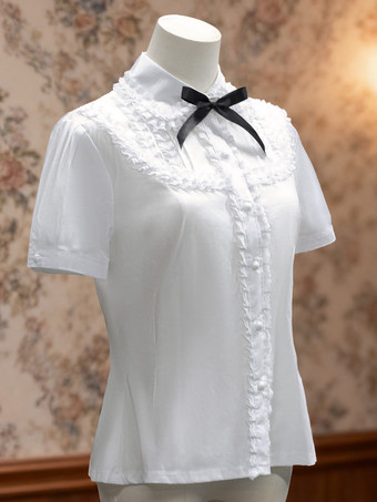 【新作】ロリィタブラウス　ホワイト　ピュアコットン　お茶会　カラーブロック　半袖　折り襟　ロココ調