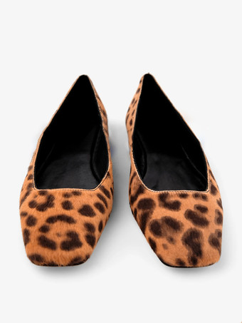ヒョウ柄バレエフラット ホースヘア スクエアトゥ スリッポン バレリーナフラット