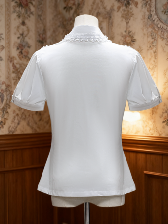 【新作】ロリィタブラウス　ホワイト　ピュアコットン　お茶会　カラーブロック　半袖　折り襟　ロココ調