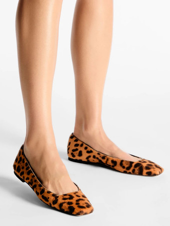 ヒョウ柄バレエフラット ホースヘア スクエアトゥ スリッポン バレリーナフラット