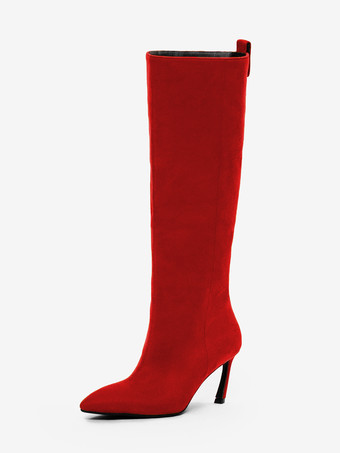 レッド スエードニーハイブーツ レディース ポインテッドトゥデザイン ハイヒールブーツ