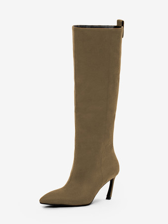 カーキ スエードニーハイブーツ レディース ポインテッドトゥデザイン ハイヒールブーツ
