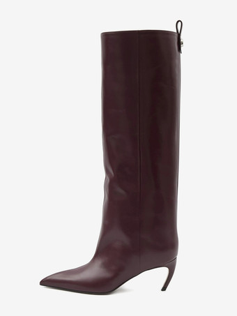 ワインレッド スエードニーハイブーツ レディース ポインテッドトゥデザイン ハイヒールブーツ