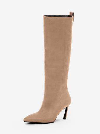 ライト アプリコットスエードニーハイブーツ レディース ポインテッドトゥデザイン ハイヒールブーツ