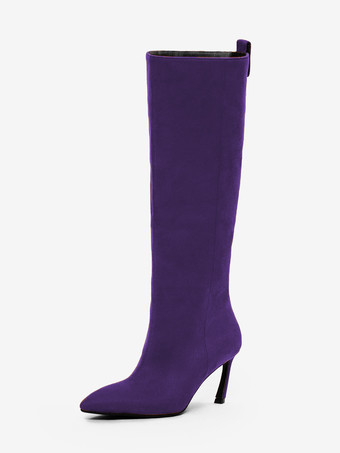パープル スエードニーハイブーツ レディース ポインテッドトゥデザイン ハイヒールブーツ