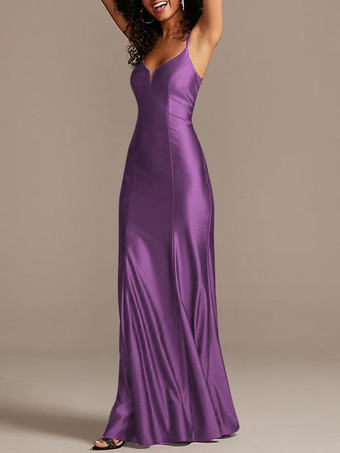 PruneRobe de demoiselle d'honneur bordeaux en satin de soie stretch col V à bretelle au sol robe de soirée de mariage