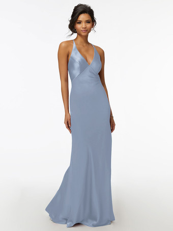 スレートグレー ブライドメイドドレス シース マキシレングス ジッパー サテン生地 ウェディングパーティードレス