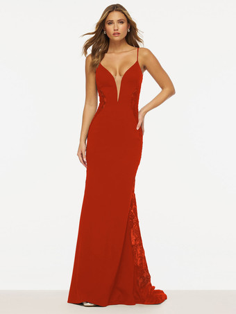 レッド プロムドレス マーメイド Vネック レース スイープレース フォーマルパーティードレス