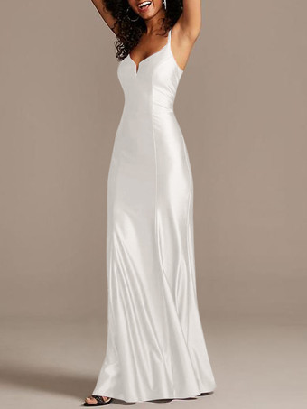 Ivoire Robe de demoiselle d'honneur bordeaux en satin de soie stretch col V à bretelle au sol robe de soirée de mariage