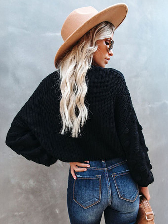 バブルスリーブ付き無地ニットプルオーバーセーター（レディース）2025