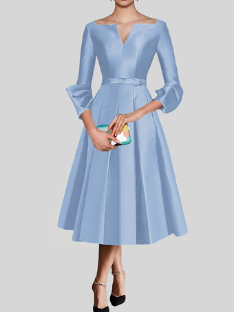 ベビーブルーリトル ブラック ドレス かわいい V ネック 3/4 長さ袖 リボン サテン生地 A ライン