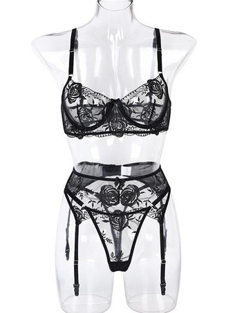 3ピースランジェリー 刺繍入り ブラック レディース ブラ パンティ セット