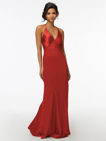 バーガンディーブライドメイドドレス シース マキシレングス ジッパー サテン生地 ウェディングパーティードレス