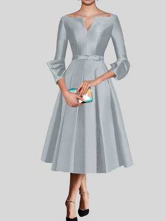 シルバーリトル ブラック ドレス かわいい V ネック 3/4 長さ袖 リボン サテン生地 A ライン