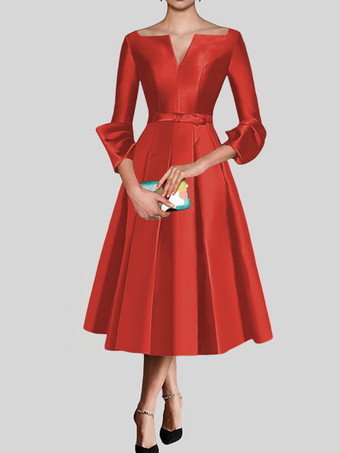 レッド リトル ブラック ドレス かわいい V ネック 3/4 長さ袖 リボン サテン生地 A ライン