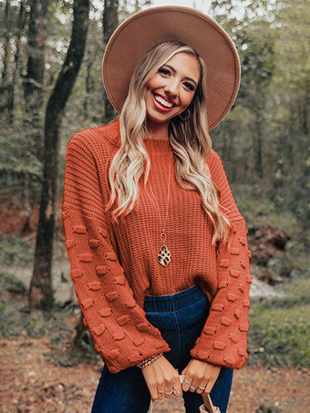 ブリックレッドバブルスリーブ付き無地ニットプルオーバーセーター（レディース）2025