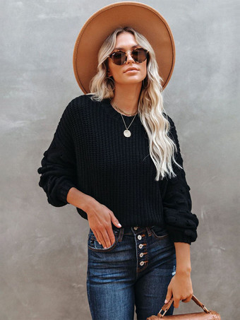 ブラック バブルスリーブ付き無地ニットプルオーバーセーター（レディース）2025