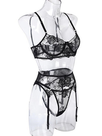 3ピースランジェリー 刺繍入り ブラック レディース ブラ パンティ セット