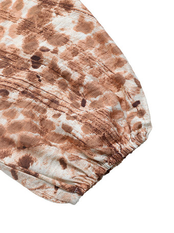 抽象的なプリントとフリル裾の長袖Vネックロングドレス（レディース2025年）