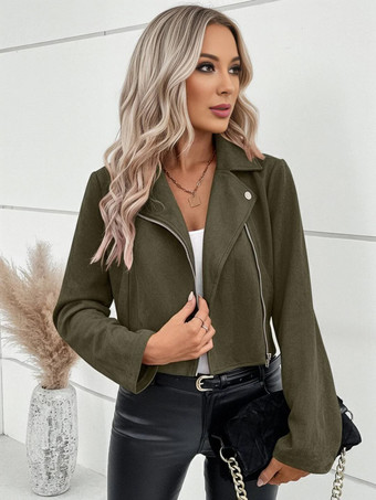 グリーン スエード調ジップアップクロップバイカージャケット（レディース）2025