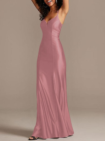 Vieux RoseRobe de demoiselle d'honneur bordeaux en satin de soie stretch col V à bretelle au sol robe de soirée de mariage