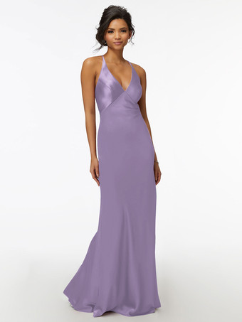 ラベンダーブライドメイドドレス シース マキシレングス ジッパー サテン生地 ウェディングパーティードレス