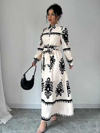 抽象的なプリントとベルトが付いた女性用マキシシャツドレス 2025