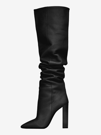 ブラック 女性スラウチブーツ カーキ ポインテッドトゥ チャンキーヒール ニーハイブーツ