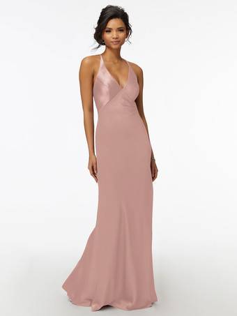 ピンクブライドメイドドレス シース マキシレングス ジッパー サテン生地 ウェディングパーティードレス