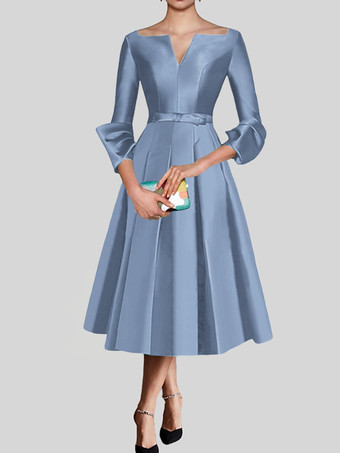 スレートグレー リトル ブラック ドレス かわいい V ネック 3/4 長さ袖 リボン サテン生地 A ライン