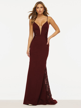 バーガンディープロムドレス マーメイド Vネック レース スイープレース フォーマルパーティードレス