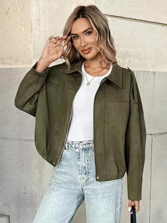 Oversized Dropped-Shoulder Jacket With Zipper In Hunter Green For