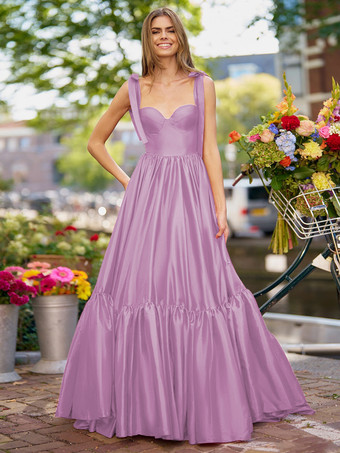 カメオピンクプロムドレス Aライン 恋人ネック 弾性シルクのようなサテン ノースリーブ フリル 結婚式のゲストドレス