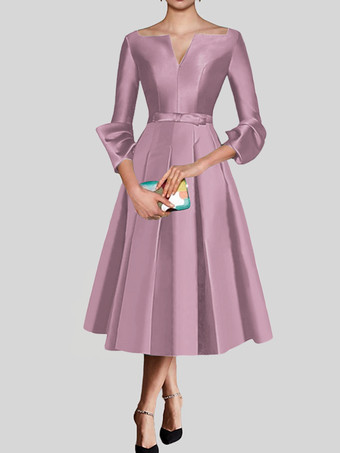 サーモンピンクリトル ブラック ドレス かわいい V ネック 3/4 長さ袖 リボン サテン生地 A ライン