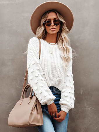 ホワイト バブルスリーブ付き無地ニットプルオーバーセーター（レディース）2025