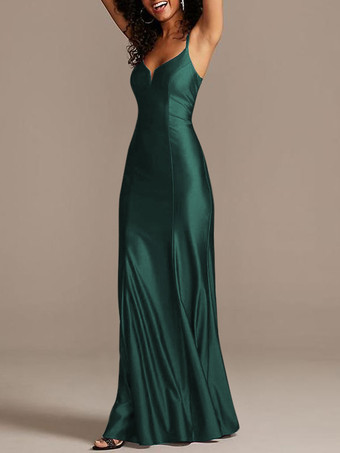 Vert foncéRobe de demoiselle d'honneur bordeaux en satin de soie stretch col V à bretelle au sol robe de soirée de mariage