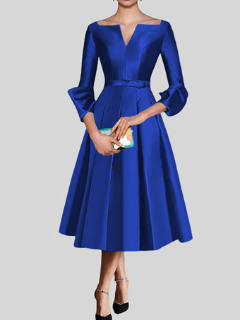 ロイヤルブルーリトル ブラック ドレス かわいい V ネック 3/4 長さ袖 リボン サテン生地 A ライン