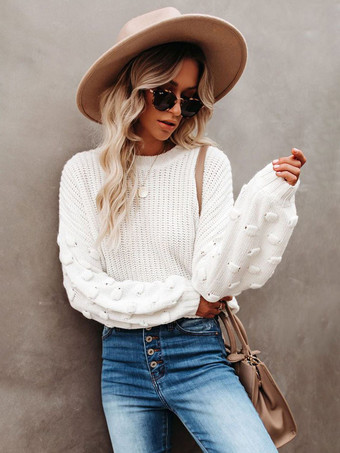 バブルスリーブ付き無地ニットプルオーバーセーター（レディース）2025