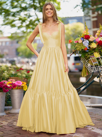 スイセン色プロムドレス Aライン 恋人ネック 弾性シルクのようなサテン ノースリーブ フリル 結婚式のゲストドレス