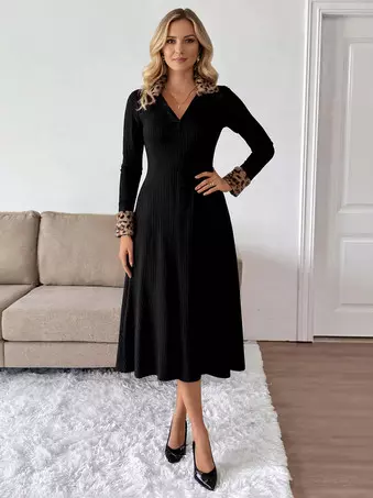 Black Midi Knit Dress With Leopard-Trimmed And V-Neck For Women
