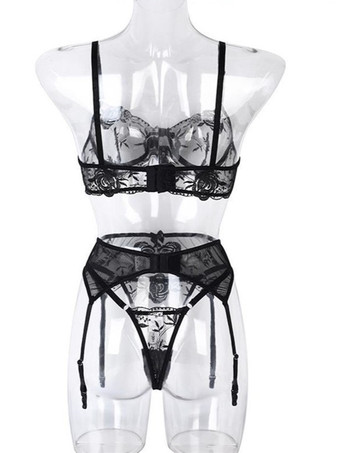 3ピースランジェリー 刺繍入り ブラック レディース ブラ パンティ セット