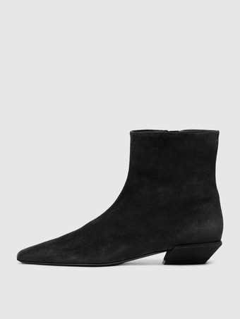 ブラック スエードアンクルブーツ レディース スクエアトゥ チャンキーヒール ブーティ