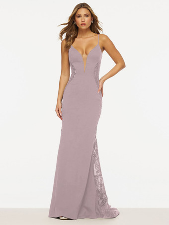 サーモンピンクプロムドレス マーメイド Vネック レース スイープレース フォーマルパーティードレス