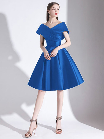 ロイヤルブルーイブニングドレスaラインvネック膝丈半袖レースアッププリーツサテン生地カクテルドレスリトルブラックドレス