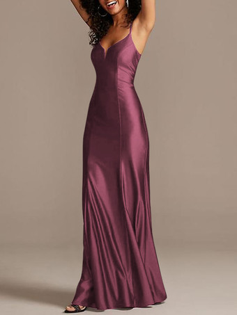 Bordeaux Robe de demoiselle d'honneur bordeaux en satin de soie stretch col V à bretelle au sol robe de soirée de mariage