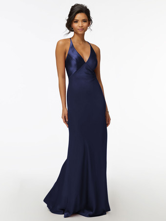 ダークネイビーブライドメイドドレス シース マキシレングス ジッパー サテン生地 ウェディングパーティードレス