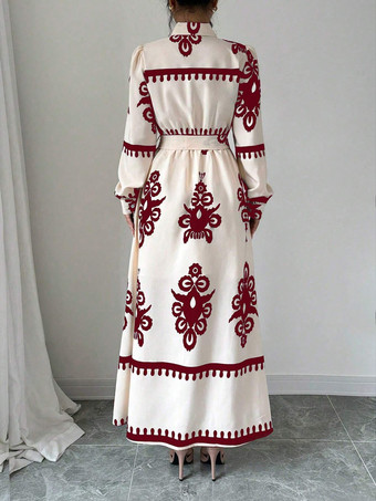 抽象的なプリントとベルトが付いた女性用マキシシャツドレス 2025