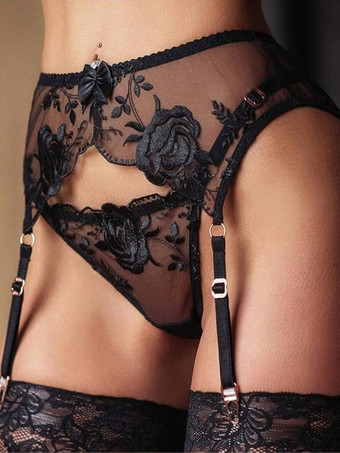 3ピースランジェリー 刺繍入り ブラック レディース ブラ パンティ セット