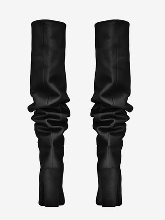 女性スラウチブーツ カーキ ポインテッドトゥ チャンキーヒール ニーハイブーツ