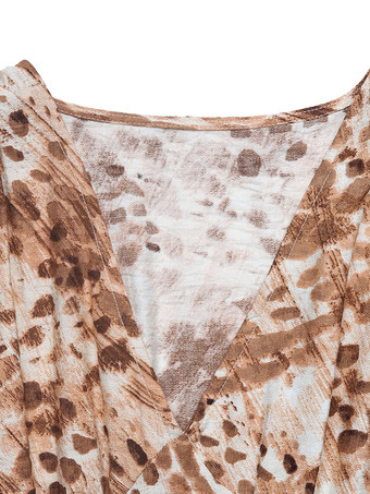 抽象的なプリントとフリル裾の長袖Vネックロングドレス（レディース2025年）